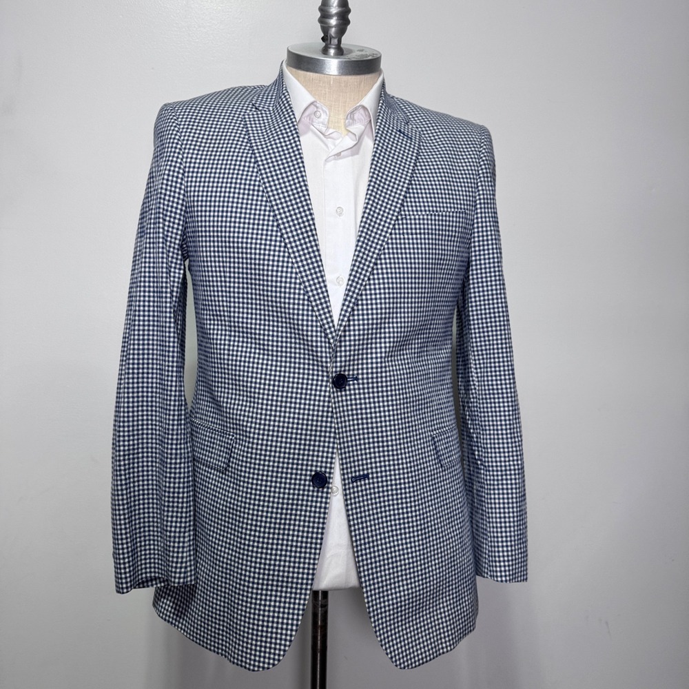 Tommy Hilfiger Mens Blue White‎ Gingham Cotton Stretch Blazer Sport Coat 42L